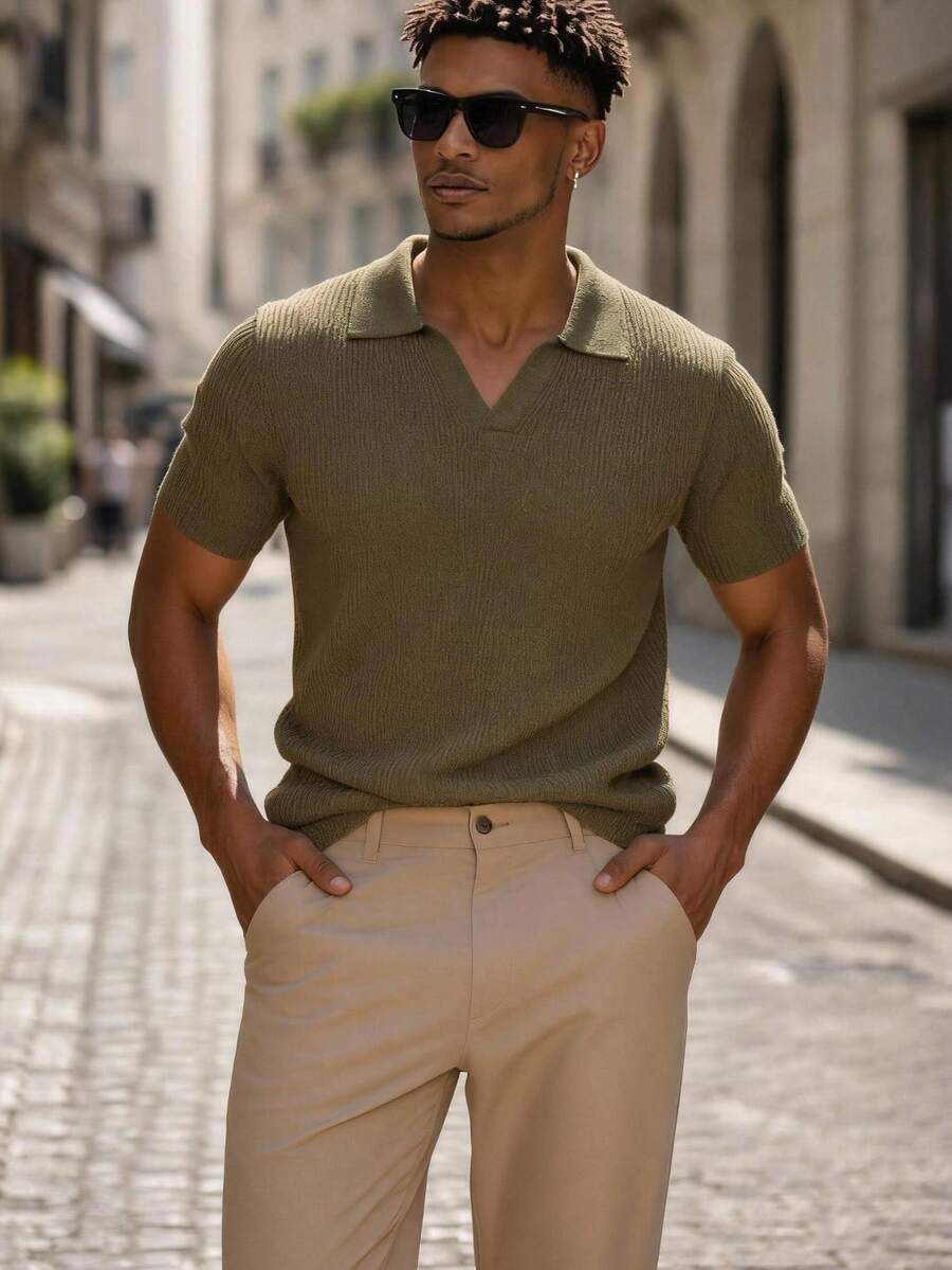 Men's Polo Collar Short-Sleeved Knit Sweater - Olive Green - View 1