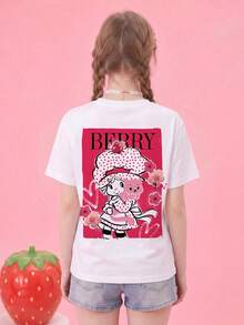 女款夏季 T-shirt，可愛「莓果」印花寬鬆休閒 T-shirt，適合日常穿著與甜美女孩風格 - 白色 - 查看 6