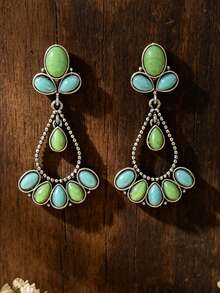 1 Pair Vintage Synthetic Turquoise Teardrop Hollow Dangle Zinc Alloy Earrings - Green - View 4