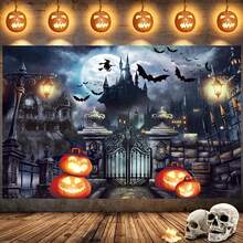 1pc Halloween Photography Backdrop, Scary Moon, Pumpkin, Lantern, Castle, Door, Bat, Perfect For Party, Haunted House, Carnival And Photography Background, Holiday Celebration, Home Decor, Indoor/Outdoor Party Decoration, Halloween Atmosphere Decoration Supplies - Multicolor - View 2