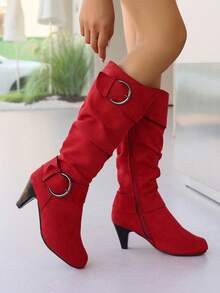 Herbst/Winter Neue europäische & amerikanische Stil Kniehohe Stiefel, Wildleder dünner hoher Absatz, Große Größen, Gürtelschnalle Wadenstiefel - Rot - Übersicht 4