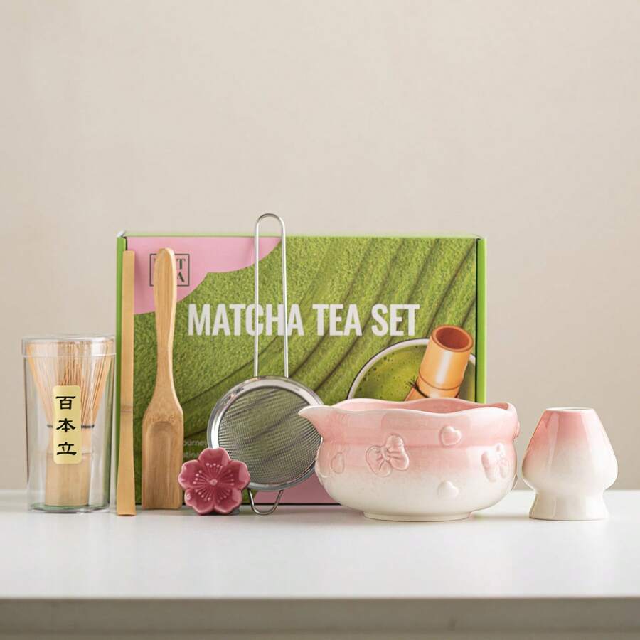 1 pieza/7 piezas Juego de té matcha con lazo y corazón con pico, incluye cuenco de matcha, batidor de matcha, colador de té, taza de matcha, agitador, cuchara de té, juego de cuencos de té, herramientas de preparación de matcha, herramientas para hacer postres y bebidas, caja de regalo estilo japonés, juego de agitación de matcha Matsudai, regalo para amantes del matcha, juego de vuelta a la escuela, juego de regalo festivo - Multicolor - Ver 1