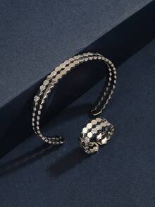 Vintage Dual-Tone Striped Bangle & Ring Set, Suitable For Women's Daily Wear - Style a Silver - View 7