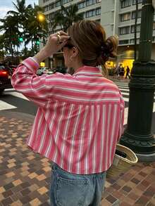 Kimono Style Women's Pink Striped Short Blouse, Decorated With White Lace Details, Long Sleeve Button-Up Top, Polyester Fabric, Perfect Choice For Spring And Autumn Outfits. - Pink - View 5