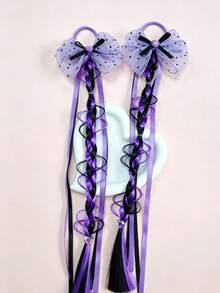1pc Polka Dot Tulle Bow Ribbon Gradient Braid Wig Hair Tie, Multi-Color Hair Accessory For Travel & Photo Shoot - Multicolor - View 1