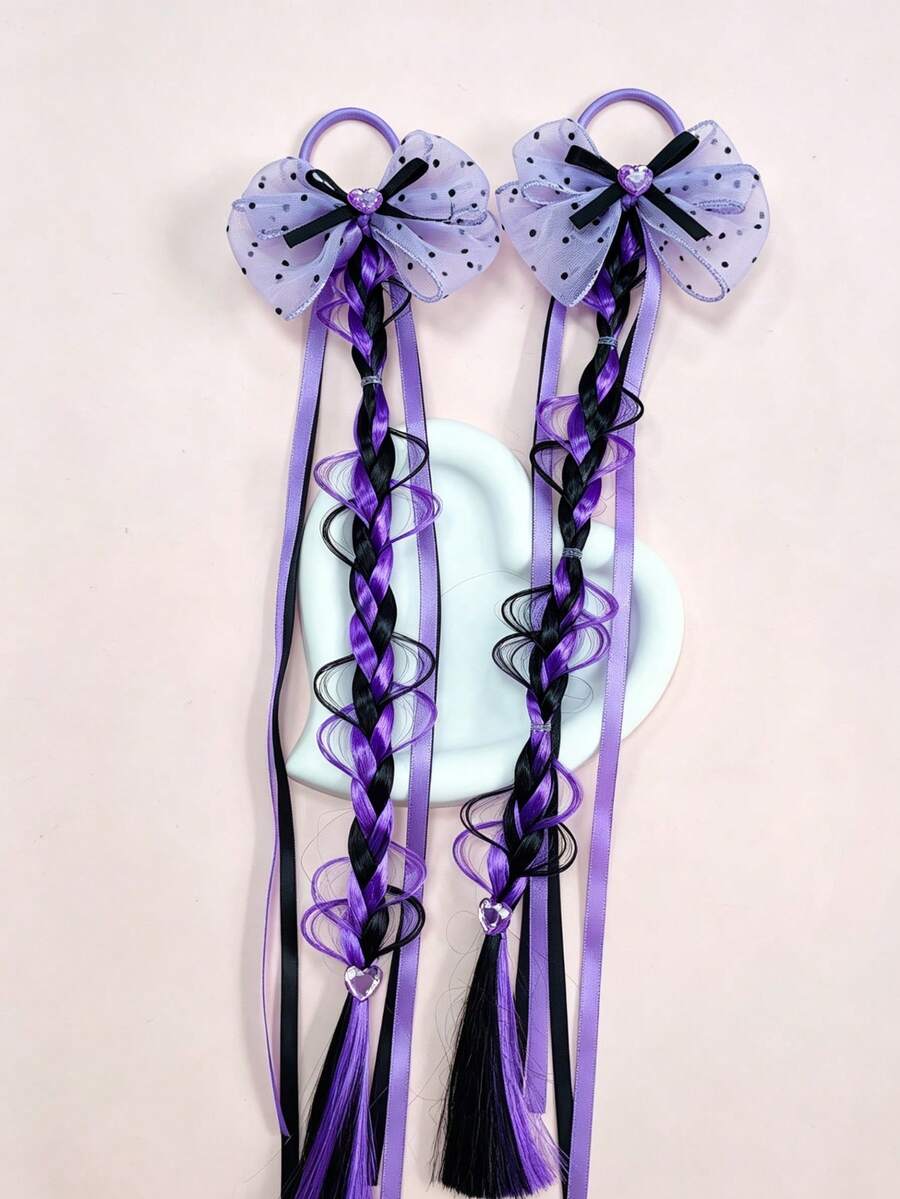 1pc Polka Dot Tulle Bow Ribbon Gradient Braid Wig Hair Tie, Multi-Color Hair Accessory For Travel & Photo Shoot - Multicolor - View 1