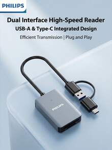 PHILIPS 多功能 SD 記憶卡讀卡機，USB 3.2 高速傳輸，相容於智慧型手機、平板電腦與電腦，雙卡槽設計，可快速傳輸攝影素材與辦公文件 - 查看 1