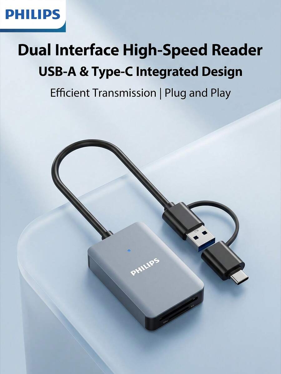 PHILIPS 多功能 SD 記憶卡讀卡機,USB 3.2 高速傳輸,相容於智慧型手機、平板電腦與電腦,雙卡槽設計,可快速傳輸攝影素材與辦公文件 - 查看 1