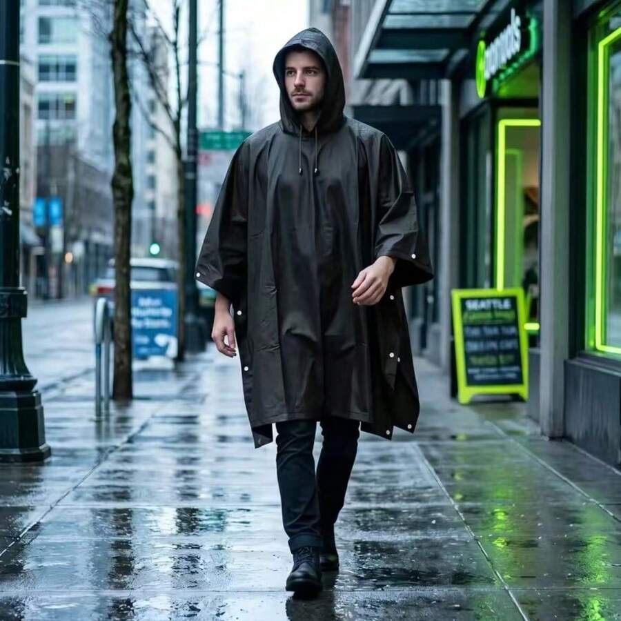 Black Hooded Rain Cape, Waterproof Reusable Raincoat, Lightweight All-Weather Rain Poncho, Suitable For Daily Commute And Outdoor Use, Ideal For General Users And Daily Commuters, All-Season Rain Gear - A - View 1