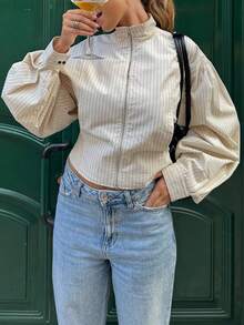 New Fashion Elegant Striped Zipper Women's Jacket, Suitable For Daily Wear, Campus, Vacation, Tea Party, Date, All Seasons - Apricot - View 2