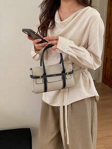 Women's Fashion Colorblock Canvas Tote Bag, Large Capacity Vintage Patchwork Commuter Handbag - Black - View 3