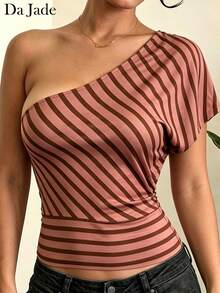 Da Jade 女款 Y2K 粉棕色斜條紋網紗上衣，不對稱單肩單袖、對比色下擺、透視彈性外罩衫 - 棕色 - 查看 3