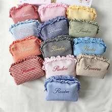 Personalized Gingham Cosmetic Bag, Ruffle Trim Makeup Pouch, Custom Name Toiletry Organizer, Small Travel Storage Bag, Coin Purse, Cute Gift - Multicolor - View 9