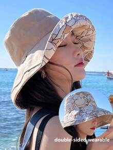 1 pieza Sombrero de cubo reversible estampado de ala ancha para mujer, sombrero de protección UV de cobertura completa para el verano con cuerda a prueba de viento, adecuado para vacaciones en la playa - Multicolor - Ver 5