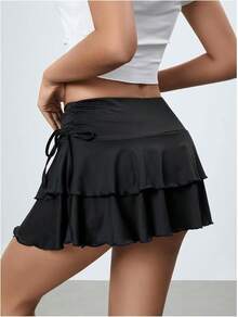 Women's Ruffle Skirt With Built-In Shorts, High-Waisted Layered Skirt, Skirt-Pants - Black - View 3
