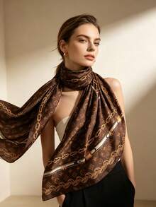 Moemton Coffee Brown Equestrian Chain Star Pattern Silk Scarf, Women's Luxury Satin Large Shawl, Suitable For Daily Street Style And Business Travel - Brown - View 4