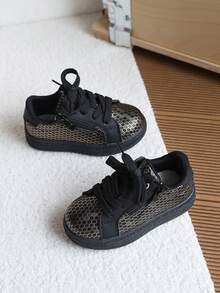 1 Pair Unisex Kids Honeycomb Glossy Side Zipper White Sneakers, Spring/Autumn New Style, Non-Slip Soft Sole, Casual Skate Shoes, Lightweight Luxury Versatile Campus Sports Shoes For Toddlers And Young Children - Black - View 7