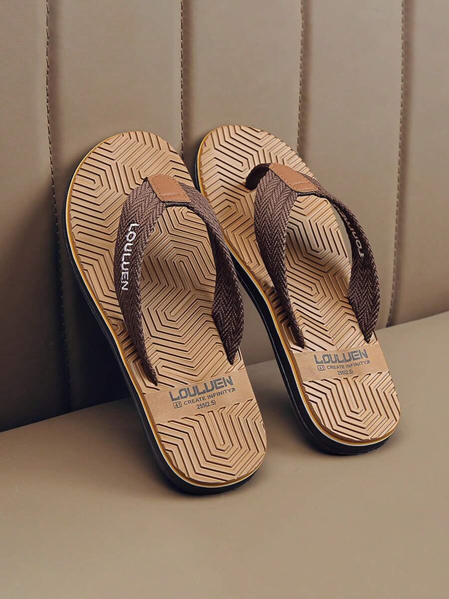 Chanclas de playa casuales versátiles para hombre, diseño plano con suela de patrón geométrico en bloques de color y ribete multicapa, ligeras y suaves, para casa, caminar, playa y vacaciones - Caqui - Ver 1