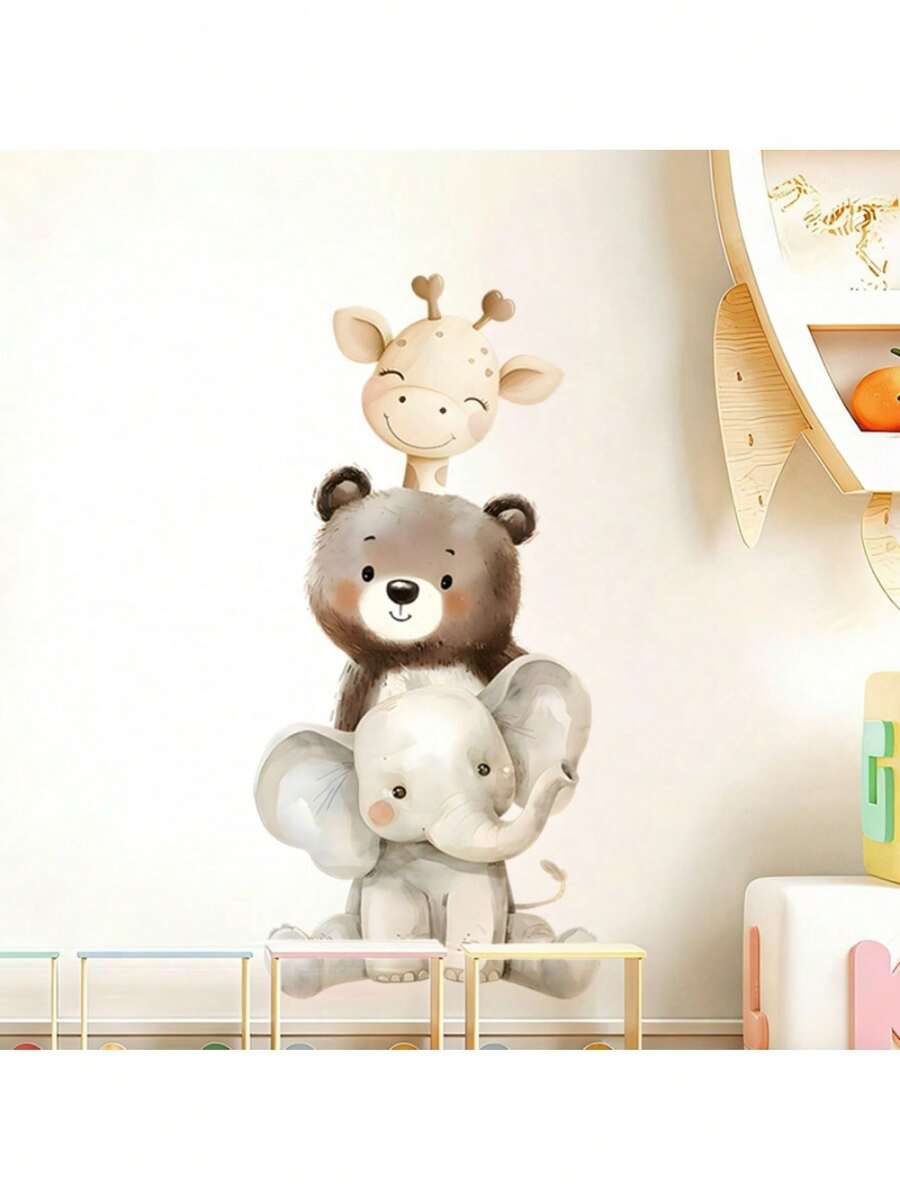 1PC Giraffe Bear Elephant Stacking Wall Sticker - Cute Animal Decor, Self-Adhesive Removable, Suitable For Bedroom, Game Room, - Jenga - View 1