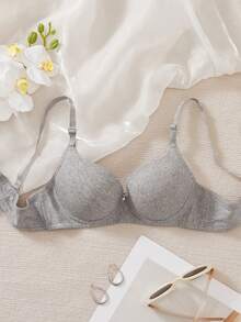 1件女款舒適睡眠鋼圈軟杯純色棉質內衣內褲文胸 - 灰色 - 查看 6