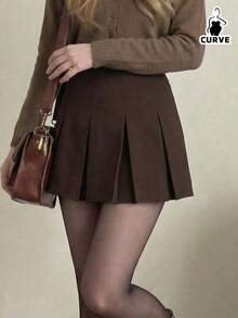 Women's Plus Size Pleated A-Line Mini Skirt, Woven Non-Stretch Fabric, Elegant Autumn Fashion - Brown - View 3