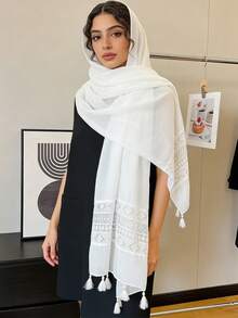 1pc Women's Solid Color Lace Tassel Long Versatile Scarf, High Quality Shawl - White - View 3