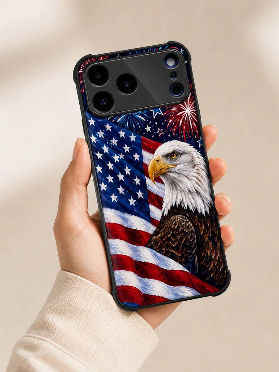 1PC American Independence Day Theme Phone Case, Featuring American Flag, Fireworks, Bald Eagle Pattern Design, Vibrant Colors, PC High-Definition Tempered Glass Anti-Drop Protective Phone Shell, Personalized Phone Case, Compatible With Apple 17/17 Pro/17 Pro Max/Air/16/15/14/13/12/11 And Other Models, Suitable As A Patriotic Theme Gift For Friends. - Multicolor - View 1