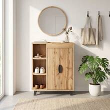 Sweiko Un'elegante scarpiera per l'ingresso, in stile scandinavo, con ante e ripiani a giorno, realizzata in legno composito con finitura rovere e gambe in metallo, adatta a corridoi e piccoli ingressi di appartamenti, con bordo rialzato e altezza libera di 10 cm, facile da montare. - Visualizzare 2