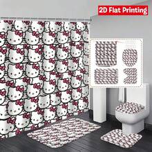 SANRIO Kitty Pink Bow Pattern Bathroom Set (Includes 2 Bath Mats + 1 Toilet Lid Cover + 1 Shower Curtain), For Bathroom Decoration And Privacy Protection - 4-piece Shower Curtain Set - View 1