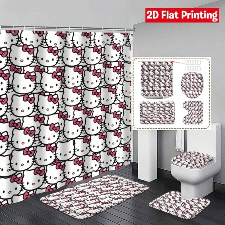 SANRIO Kitty Pink Bow Pattern Bathroom Set (Includes 2 Bath Mats + 1 Toilet Lid Cover + 1 Shower Curtain), For Bathroom Decoration And Privacy Protection - 4-piece Shower Curtain Set - View 1