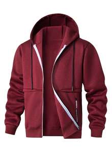 Men's Hoodie Zip-Up Sweatshirt & Joggers 2 Pieces Set, Casual Sports Running Outfit, Winter Style - Burgundy - View 2