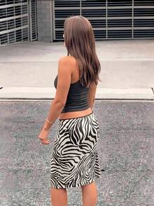 豹紋女款辦公迷你裙，高彈性，休閒戶外穿著，西式優雅商務休閒教師穿搭 - 黑與白 - 查看 3