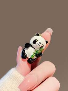 1pc Panda Holding Bamboo Brooch, High-End Elegant Creative Animal Pin, Versatile Clothing Accessory - Black and White - View 2