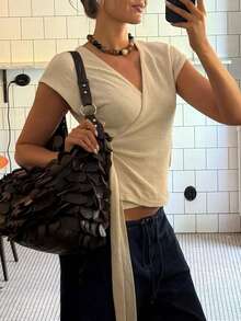 Just Masa 女款夏季休閒優雅針織上衣，V領交叉短袖扭結綁帶素色毛衣，度假、約會、日常穿著 白色 - 白色 - 查看 7