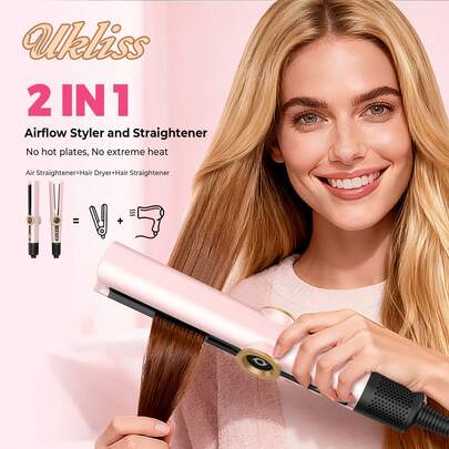 UKLISS 2-In-1 Multifunctional Hair Straightener & High-Speed Hair Dryer Styling Tool (Pink) | 200M Negative Ion, High-Speed Airflow And Rapid Heating | 3 Temperature Settings, Hot/Cold Modes, LCD Display | Auto Shut-Off And Overheat Protection | Anti-Frizz And Anti-Static | Suitable For Home, Travel, Party, Salon, Wedding And Holiday