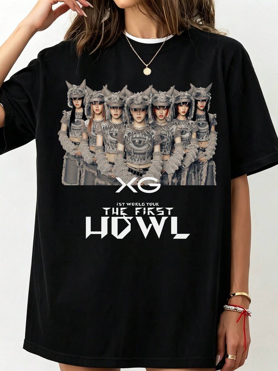 XG.XG The First Howl World Tour Graphic T-Shirt, Retro Print, Fashion, Men's & Women's T-Shirt, Fan Merchandise - Black - View 1