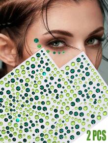 2 Sheets 650pcs Green Self-Adhesive Face Rhinestones, Multiple Sizes Available, Green & Dark Green Rhinestone Stickers, Suitable For Face, Eyes, Nails, Body, Craft Making - 綠色 - 查看 1