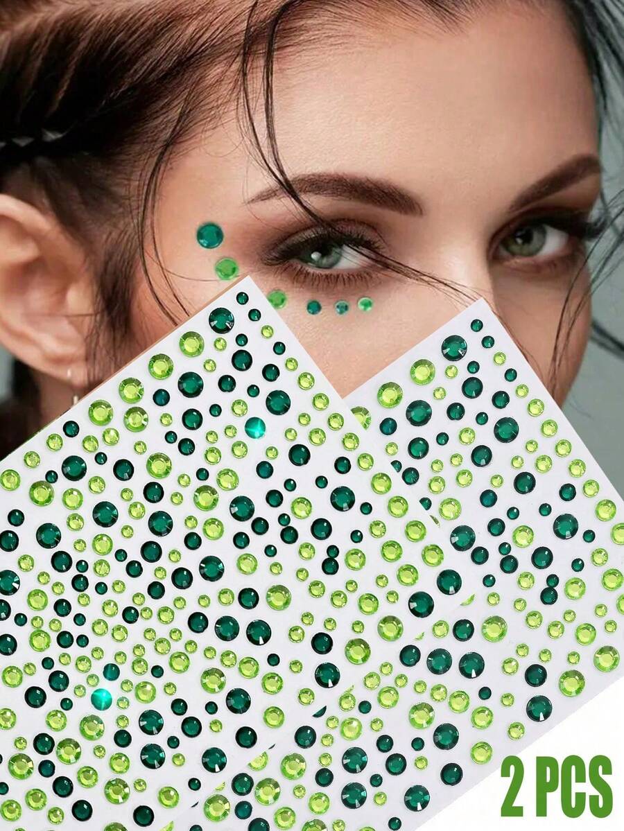 2 Sheets 650pcs Green Self-Adhesive Face Rhinestones, Multiple Sizes Available, Green & Dark Green Rhinestone Stickers, Suitable For Face, Eyes, Nails, Body, Craft Making - 綠色 - 查看 1