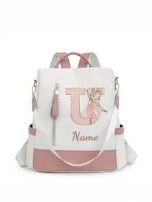Personalized Custom Name A-Z 26 English Letters Premium Backpack, Fashion Anti-Theft Versatile Large Capacity Travel School Bag, Exquisite Cute Pink Ballet Girl Pattern Fashion Contrast Color Design Lightweight Large Capacity, Perfect For Daily Outings, Work Commute, School - White and Pink - View 26