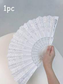 1pc Women's Lace Hand Fan, Silver Floral Hand Fan, Foldable Vintage Decorative Fan, Bridal Photo Prop, Wedding Favor, Suitable For Wedding, Dance, Theme Party, Festival, 16.5 Inches When Unfolded - Multicolor - View 1