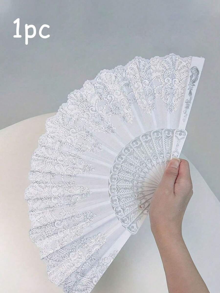 1pc Women's Lace Hand Fan, Silver Floral Hand Fan, Foldable Vintage Decorative Fan, Bridal Photo Prop, Wedding Favor, Suitable For Wedding, Dance, Theme Party, Festival, 16.5 Inches When Unfolded - Multicolor - View 1