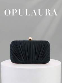 OpulAura 復古優雅緞面晚宴手拿包，百褶設計時尚正式派對包，迷人精緻正式晚宴包，高級方盒手拿包，適合派對/婚禮/正式場合晚餐，附鏈條可肩背/斜背 - 黑色 - 查看 7
