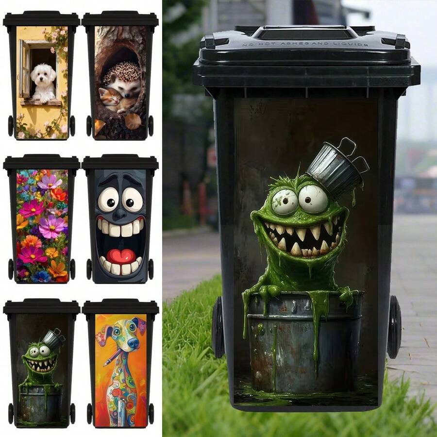 Green Monster, Flower, Hedgehog Garbage Can Stickers Waterproof PVC Outdoor Garbage Can Poster Strip Stickers 4 Sizes - 1PC - View 1