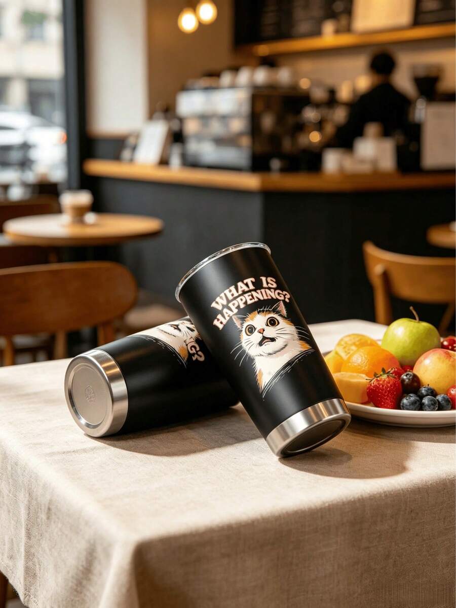 1pc/5pcs 20oz Surprised Cat Gift Insulated Coffee Mug, Funny Text Cartoon Cat Print Vacuum Insulated Travel Cup, Suitable For Cat Lovers, Daily Holiday Gift, Funny Birthday Gift For Boyfriend/Girlfriend, Iced Coffee, Juice, Oatmeal - Black - What Happened? - View 1