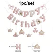 粉色公主城堡皇冠小馬蛋糕生日派對裝飾橫幅背景布蝴蝶結吊飾 - A - 查看 2