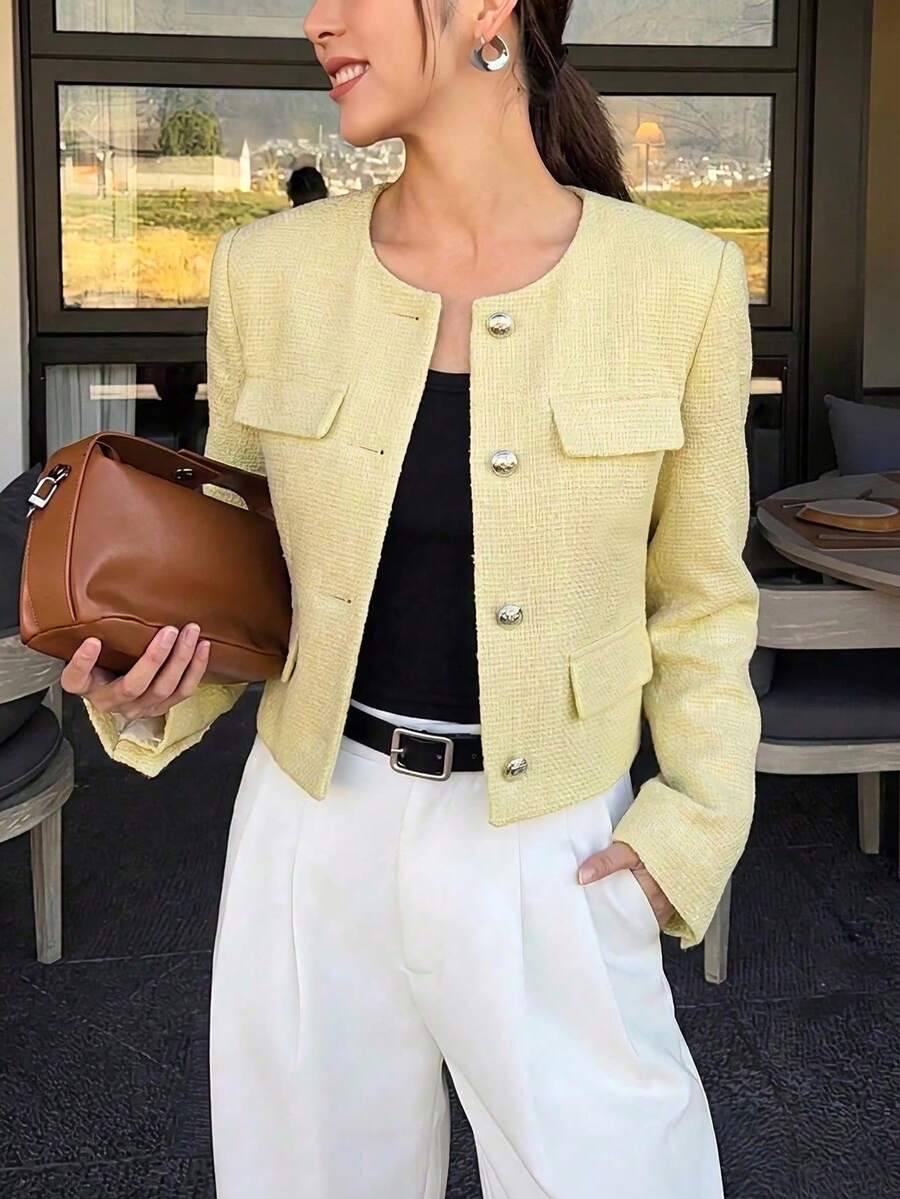 Women's Solid Color Tweed Front Button Pocket Elegant Commuter Jacket Daily - Light Yellow - View 1