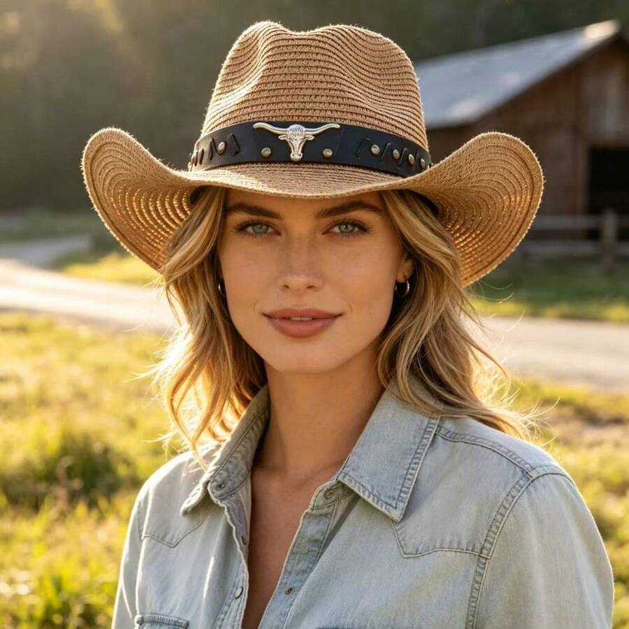 1pc Unisex Spring/Autumn Western Cowboy Hat, Suitable For Western Theme Events, Gatherings, Parties, Cosplay, Festivals - Straw Hat - View 1