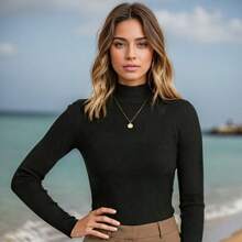 BLUSAS FEMININAS MANGA LONGA CANELADA PREMIUM INVERNO  Tecido de malha    inverno - Preto - Visão 2