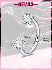 2pcs Y2K Pink Gemstone Horseshoe Nose Ring 316L Stainless Steel Nose Hoop, Double Heart CZ Zirconia Threaded Nose Stud Ring, Cartilage Lip Helix Piercing Ring - Horseshoe Shape - View 5