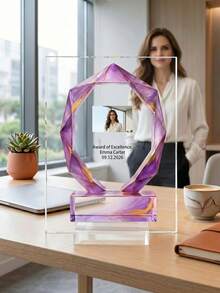 1pc Customized Acrylic Trophy, Elegant Geometric Aurora & Marble Design, High-Definition Full-Color Printed Logo & Text, Suitable For Corporate Awards, Employee Recognition, Office Display & Inspirational Desk Decor, Premium Gift For Executives, Managers And HR Teams - Multicolor - View 7